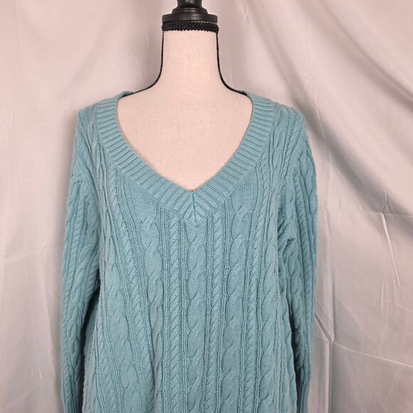 JCP Womens 1X Aqua Blue Cable Knit V-Neck Pullover Sweater Long Sleeve Soft Knit - Picture 3 of 9